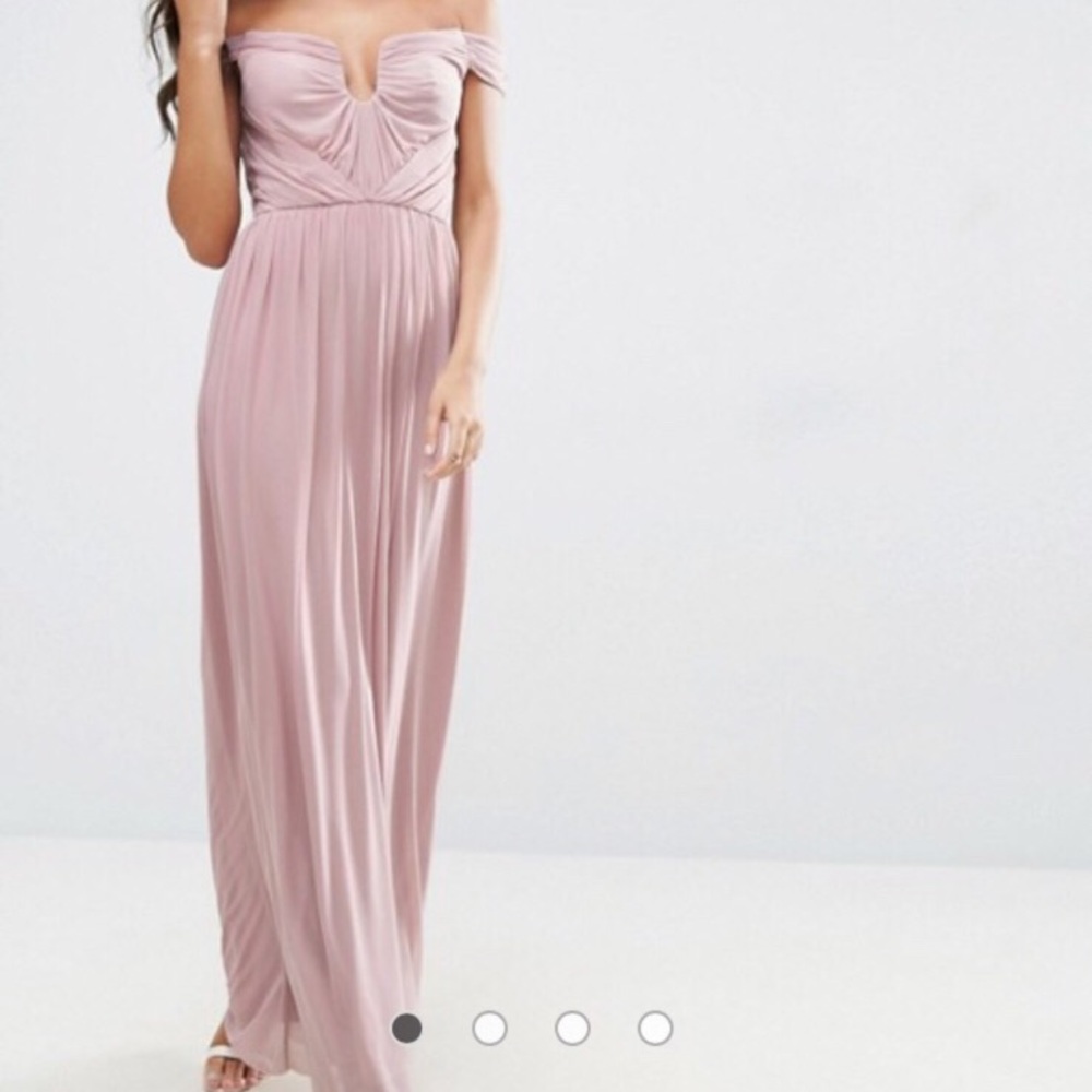 ASOS bridesmaid ruched mesh Bardot maxi dress 💕🌸
